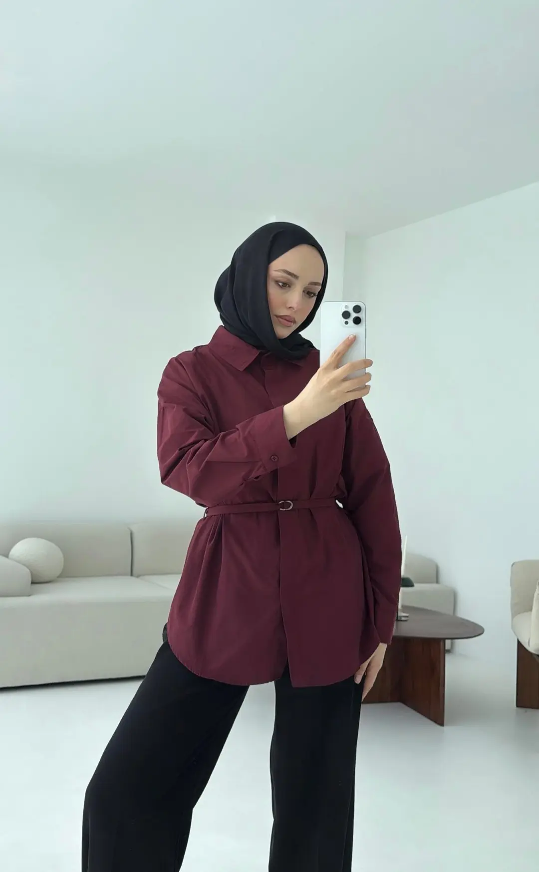 Bordo Kemerli Gömlek