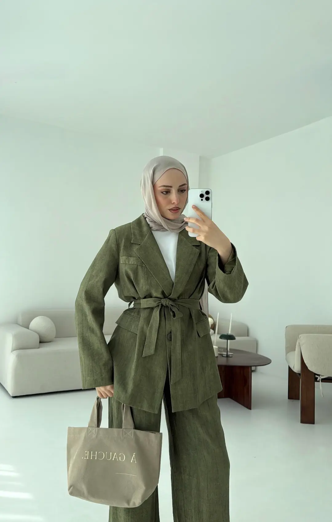 Kemerli Ceket Beli Lastikli Pantolon Takım Haki