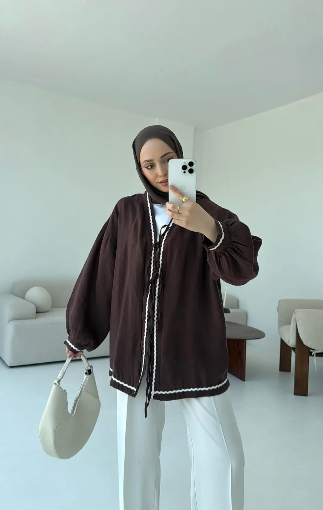 Bağlamalı Dantel Detay Kimono Kahve
