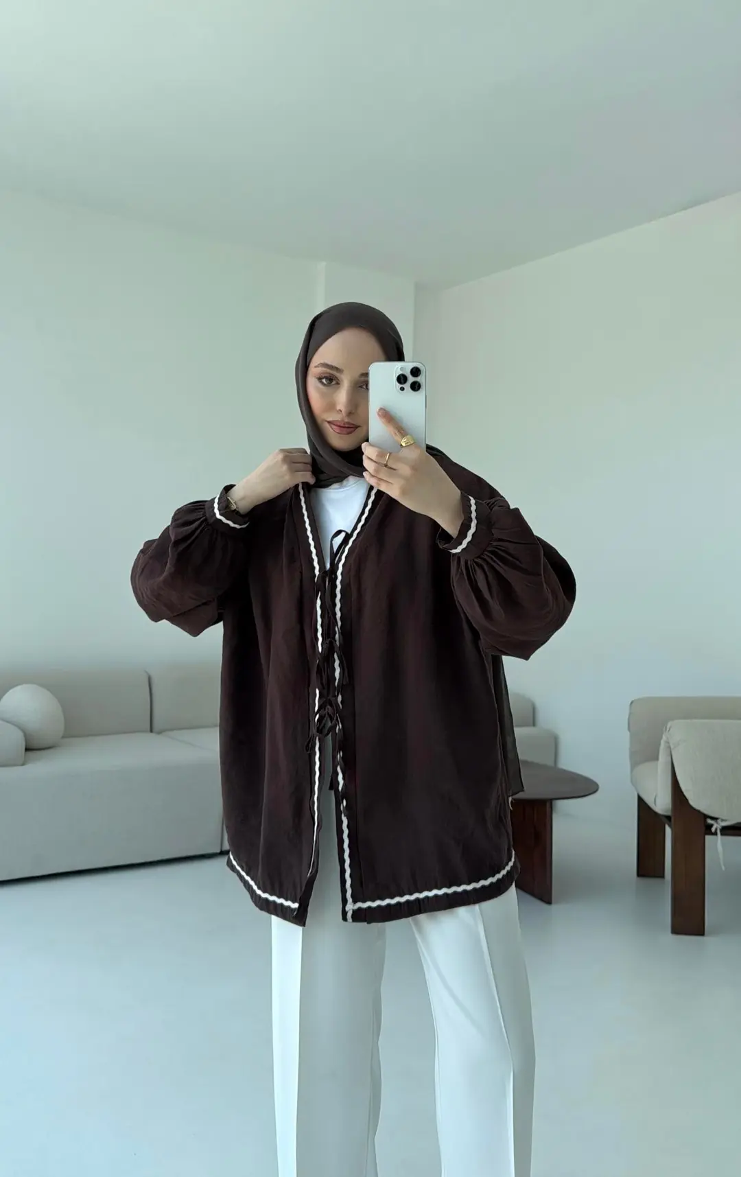 Bağlamalı Dantel Detay Kimono Kahve