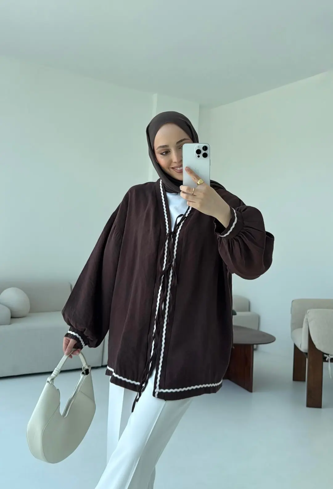 Bağlamalı Dantel Detay Kimono Kahve