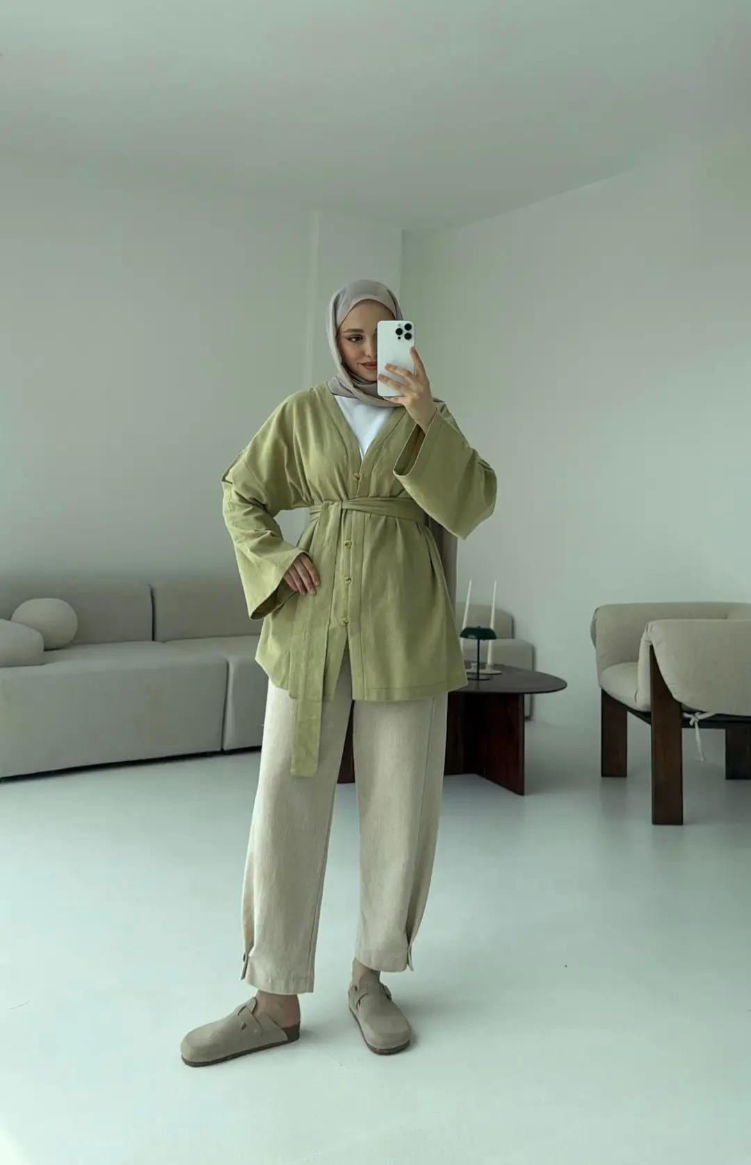 Linen Düğmeli Kimono Yeşil