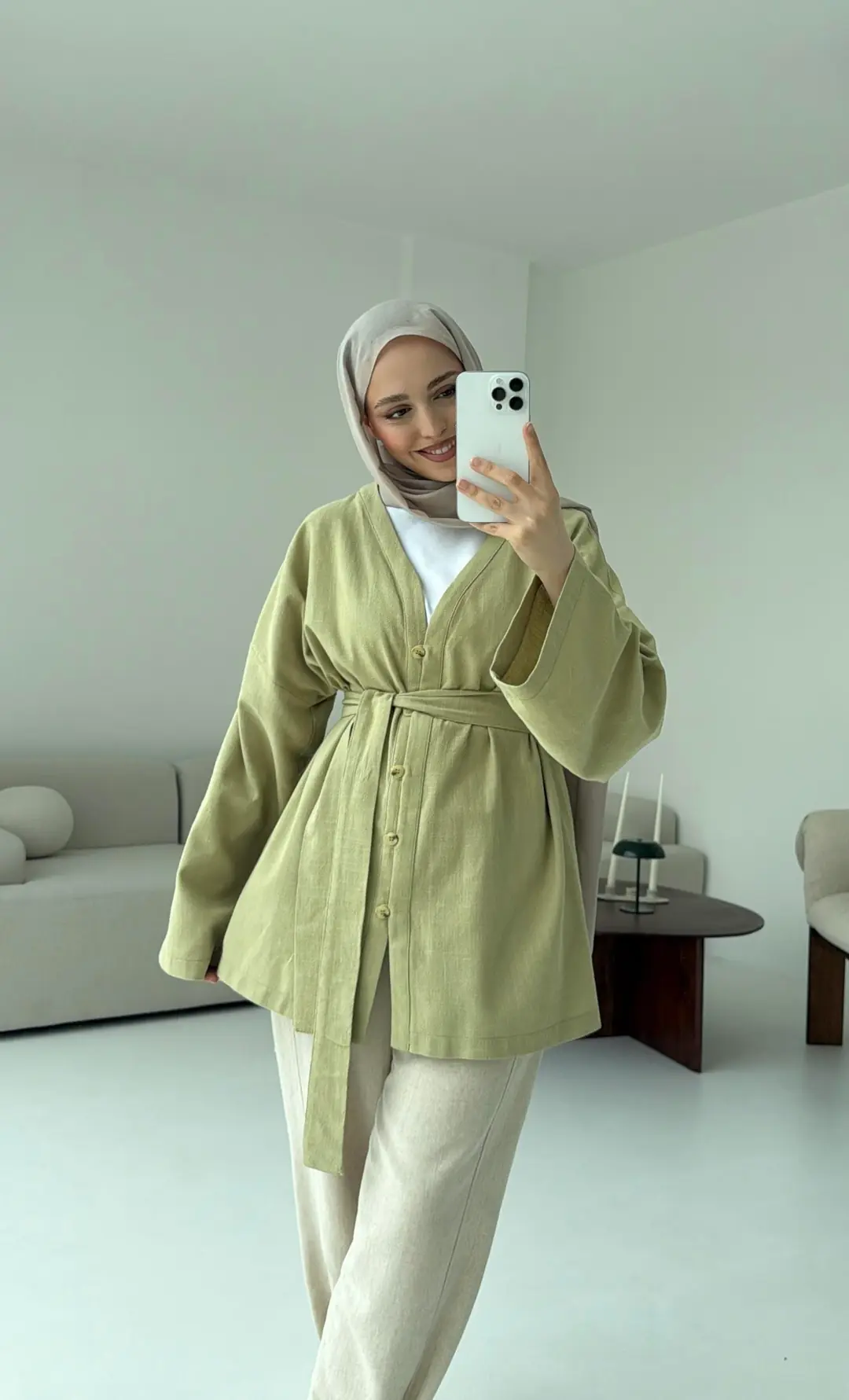 Linen Düğmeli Kimono Yeşil