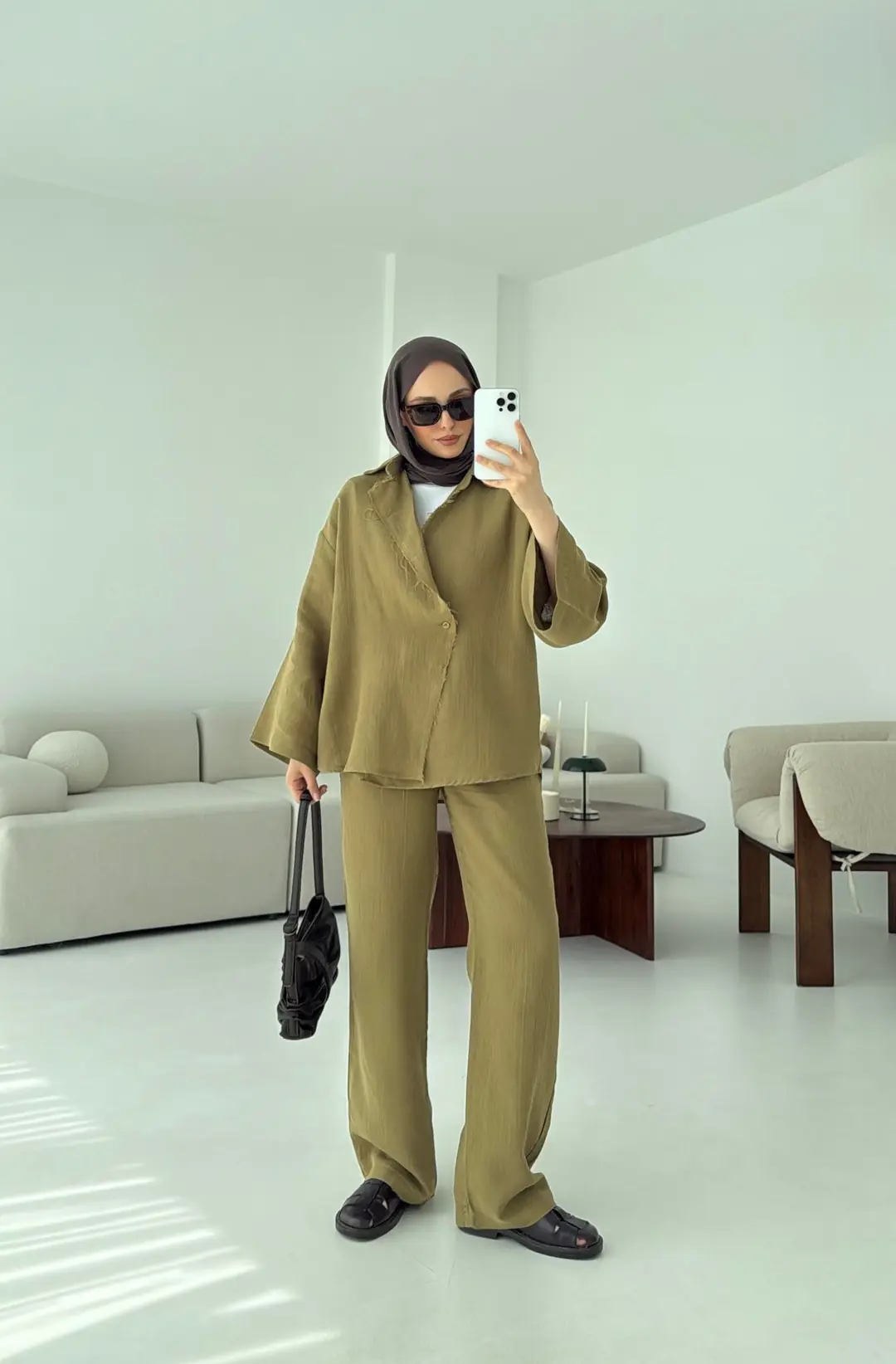 Müslin Düğmeli Kimono Takım Yeşil