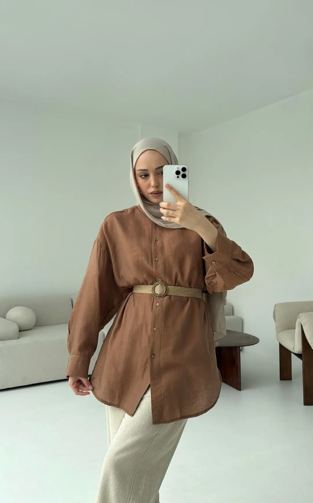 Hasır Kemerli Gömlek Kahve