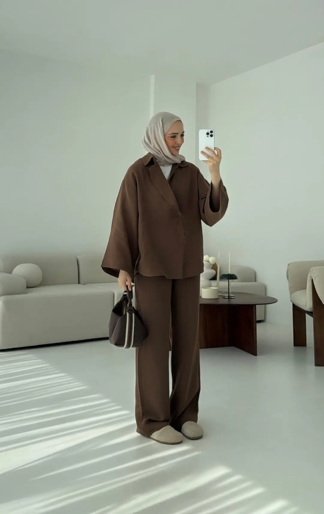 Müslin Düğmeli Kimono Takım Kahve