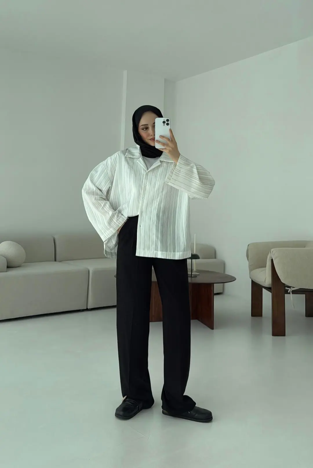 Çizgili Oversize Dökümlü Gömlek Beyaz