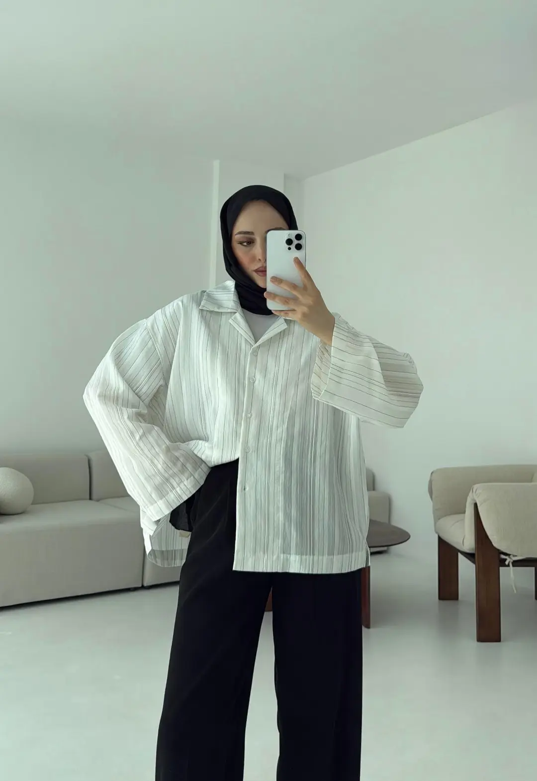 Çizgili Oversize Dökümlü Gömlek Beyaz