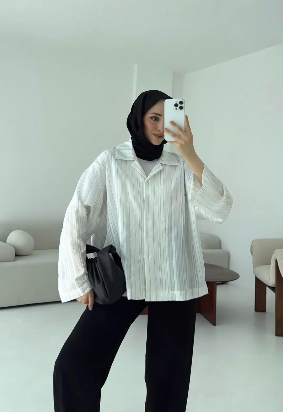 Çizgili Oversize Dökümlü Gömlek Beyaz
