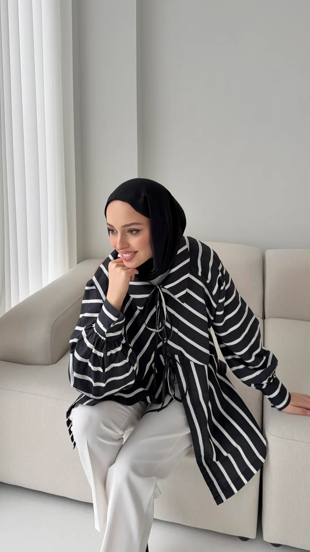 Çizgili Bağlamalı Kimono Siyah