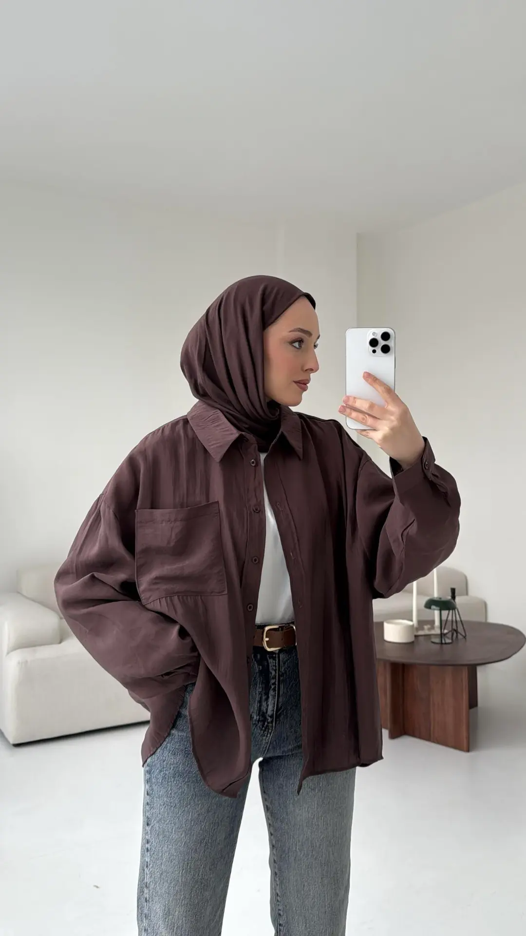 Cepli Oversize Gömlek Kahve