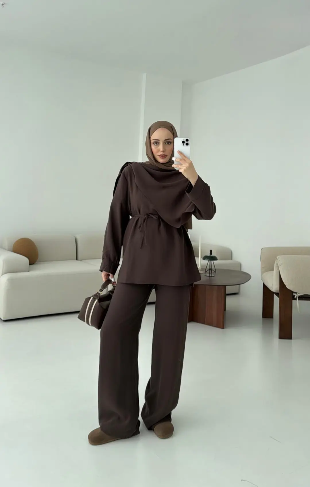 Drape Yaka Bluz Takım Kahve