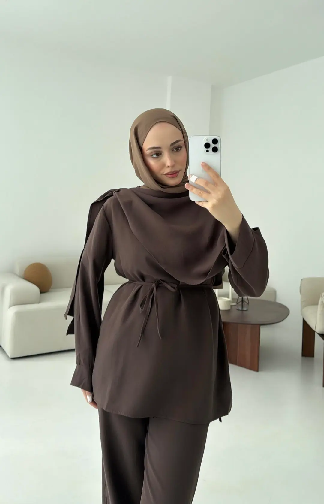Drape Yaka Bluz Takım Kahve