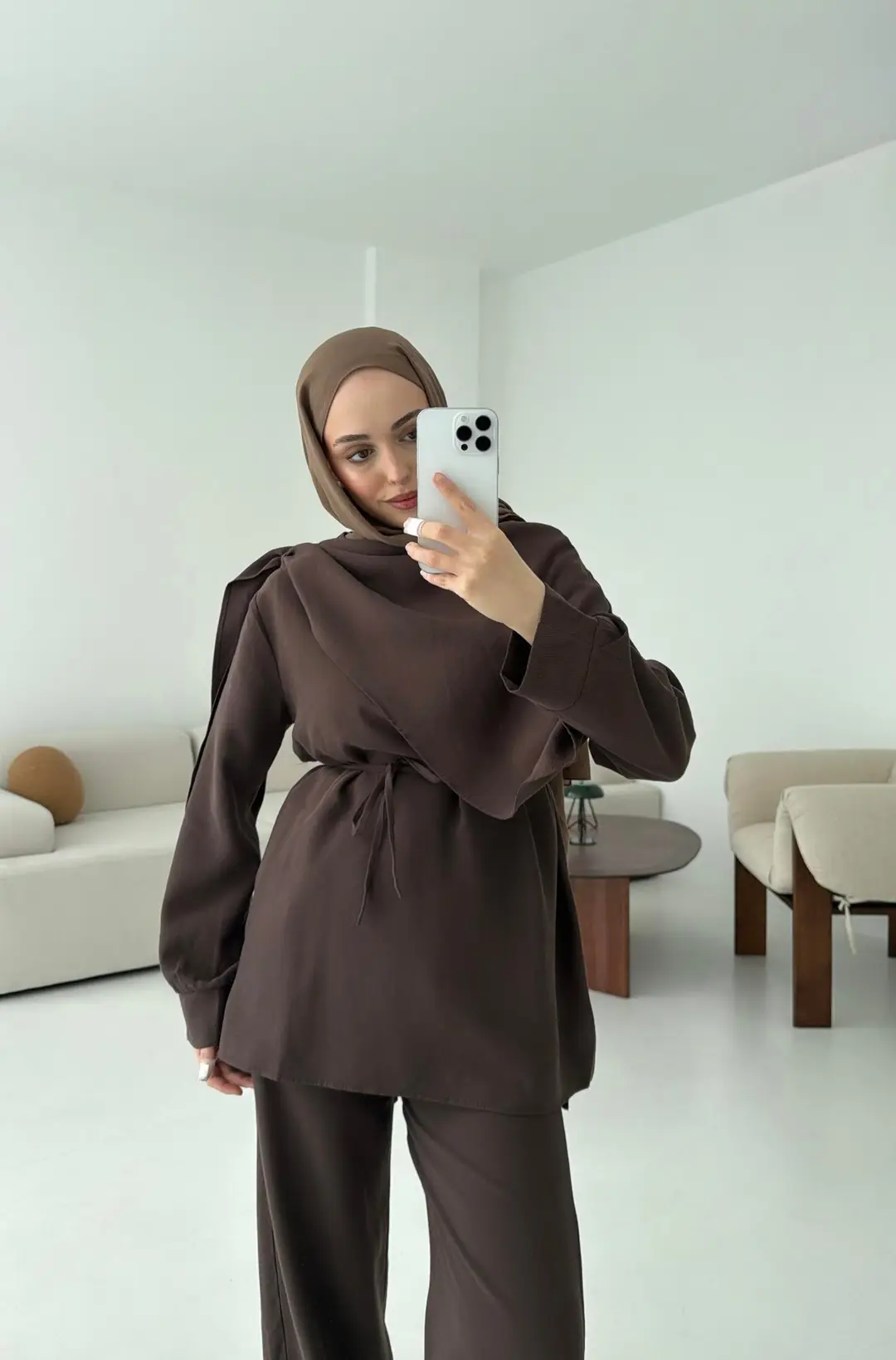 Drape Yaka Bluz Takım Kahve