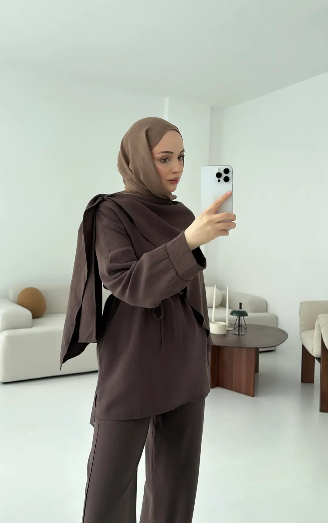 Drape Yaka Bluz Takım Kahve
