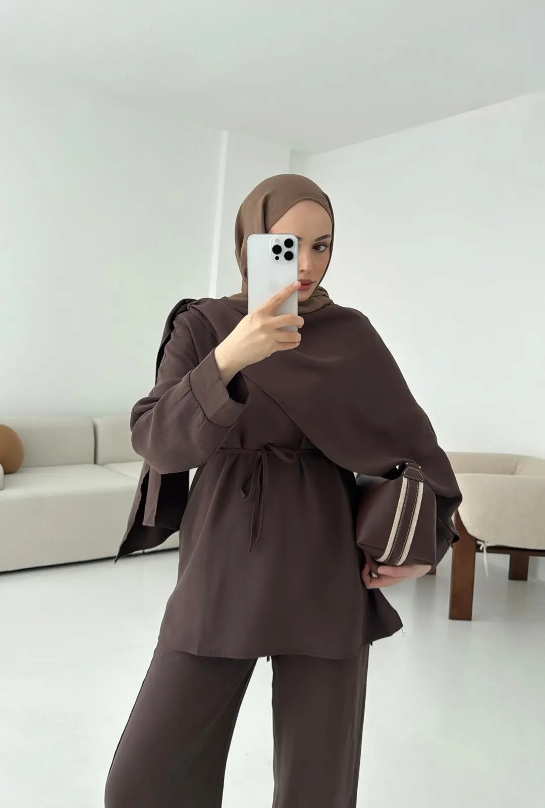 Drape Yaka Bluz Takım Kahve