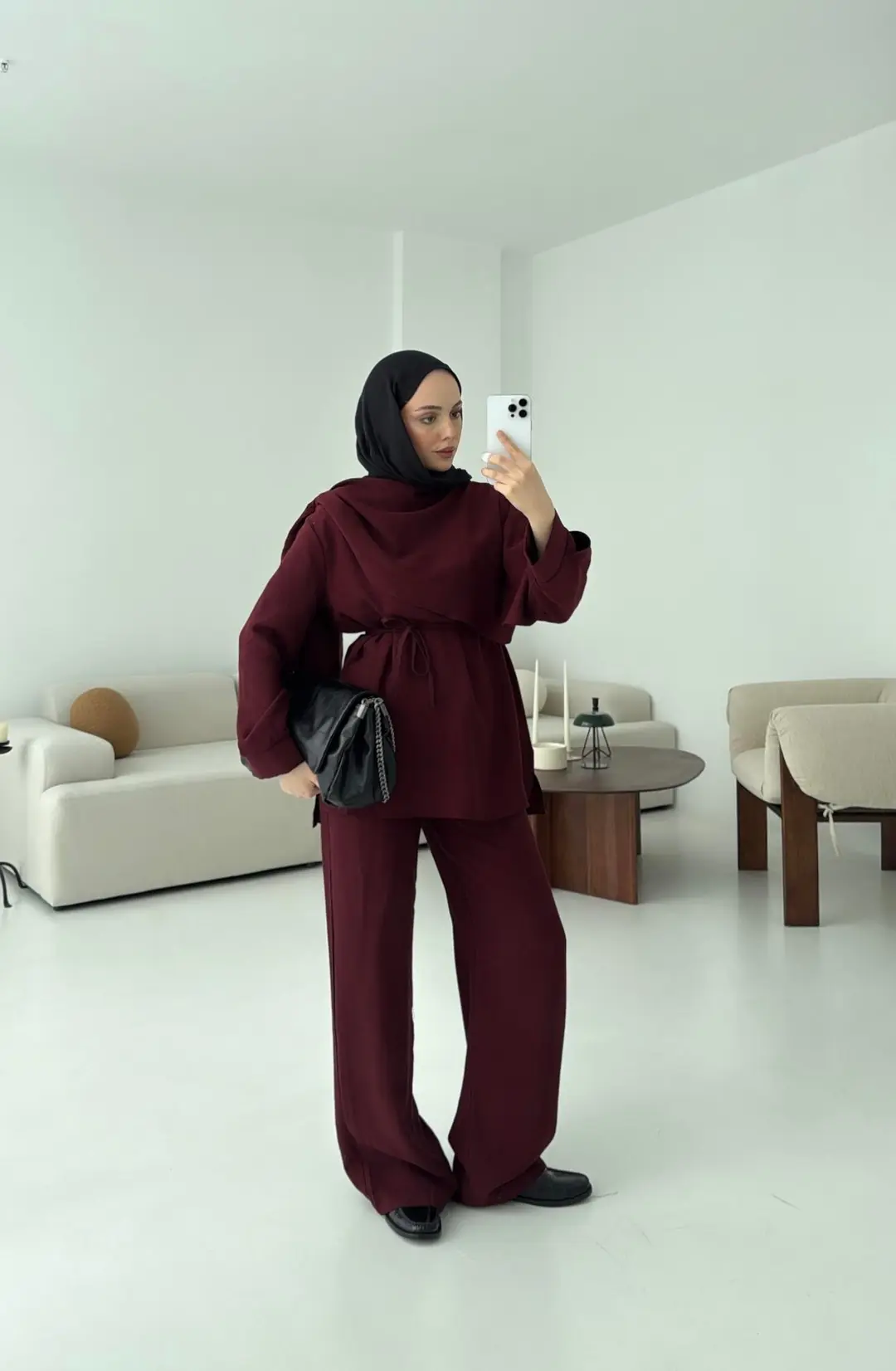 Drape Yaka Bluz Takım Bordo