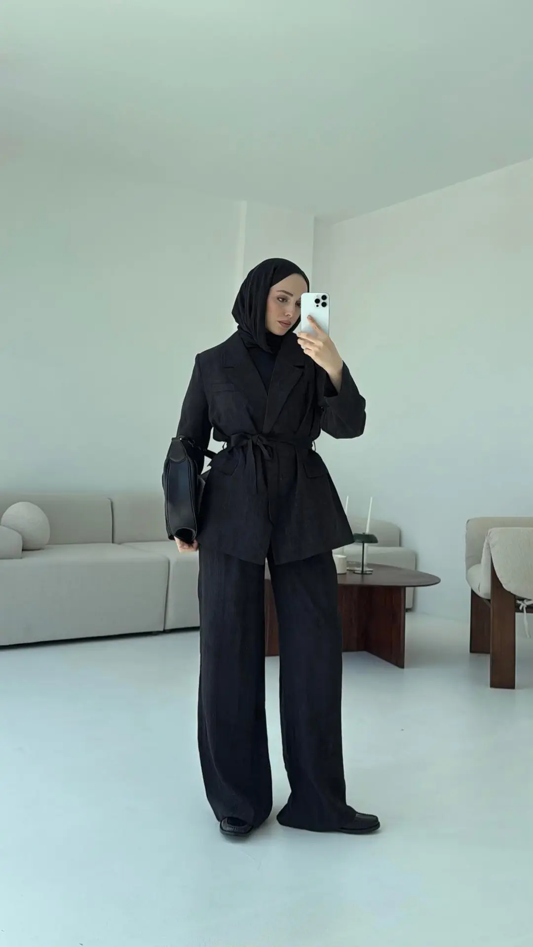 Kemerli Ceket Beli Lastikli Pantolon Takım Siyah