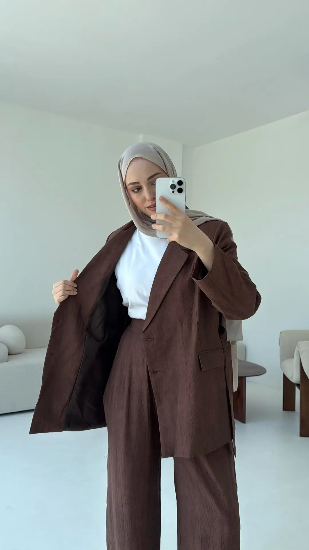 Kemerli Ceket Beli Lastikli Pantolon Takım Kahve
