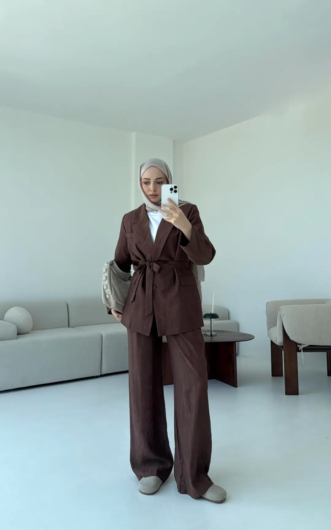 Kemerli Ceket Beli Lastikli Pantolon Takım Kahve