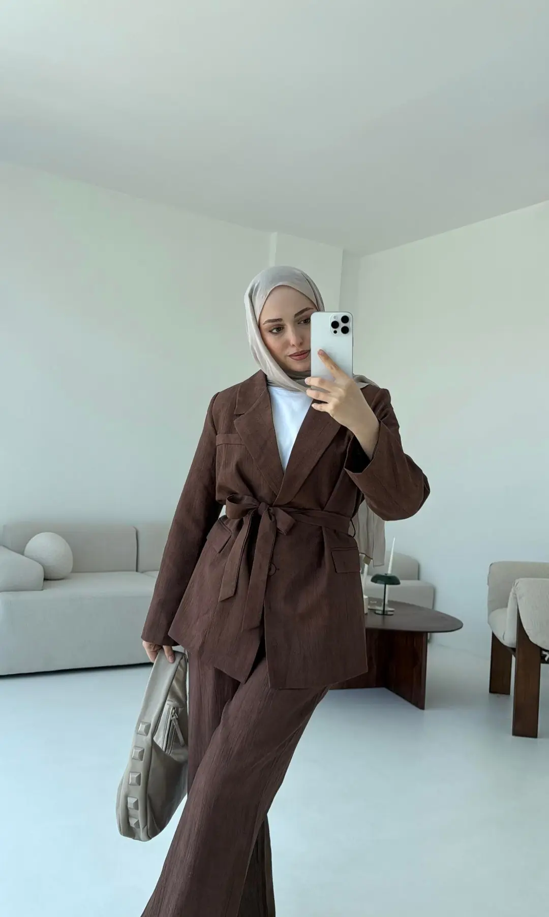 Kemerli Ceket Beli Lastikli Pantolon Takım Kahve