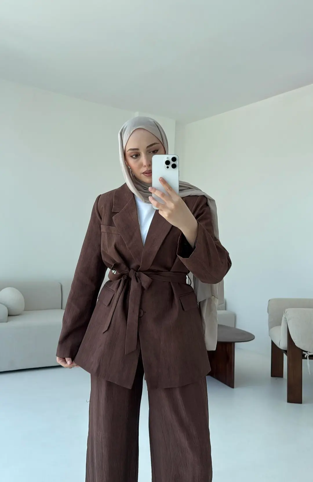 Kemerli Ceket Beli Lastikli Pantolon Takım Kahve