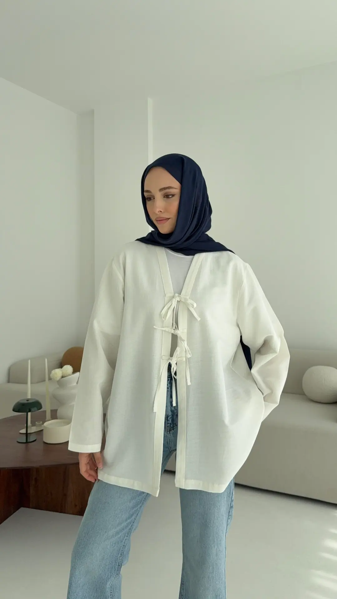 Keten Üç Bağlamalı Kimono Beyaz