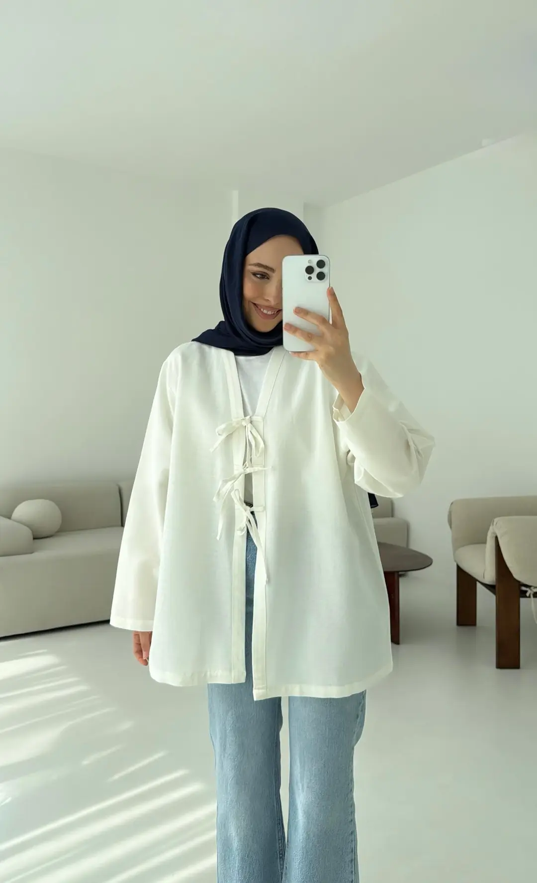 Keten Üç Bağlamalı Kimono Beyaz