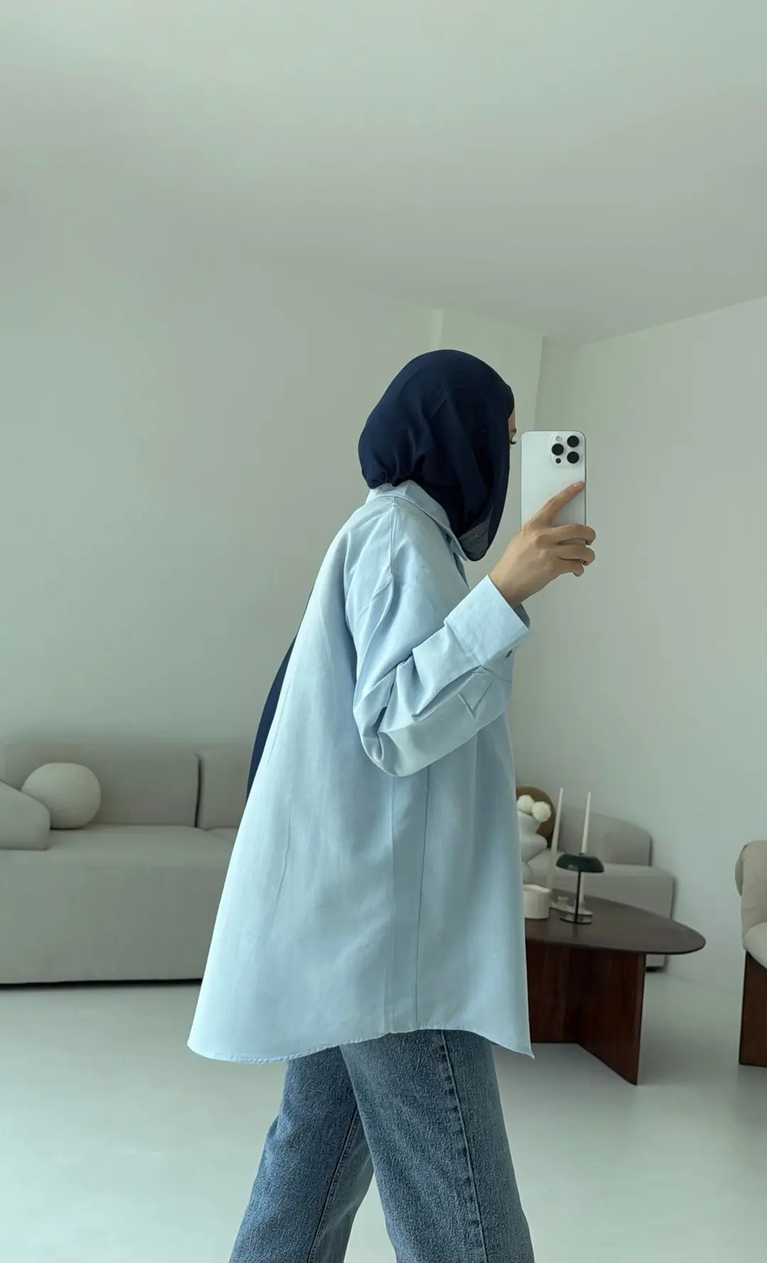 Basic Oversize  Keten Gömlek Mavi