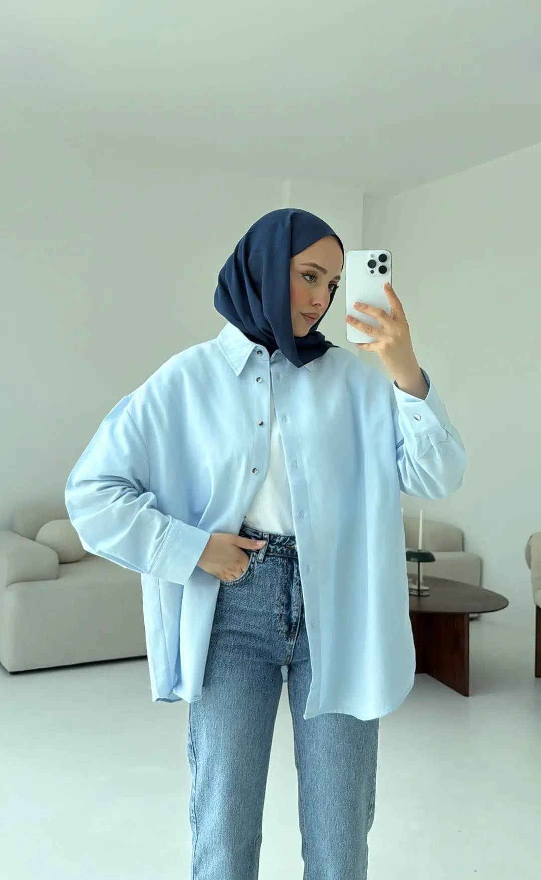Basic Oversize  Keten Gömlek Mavi