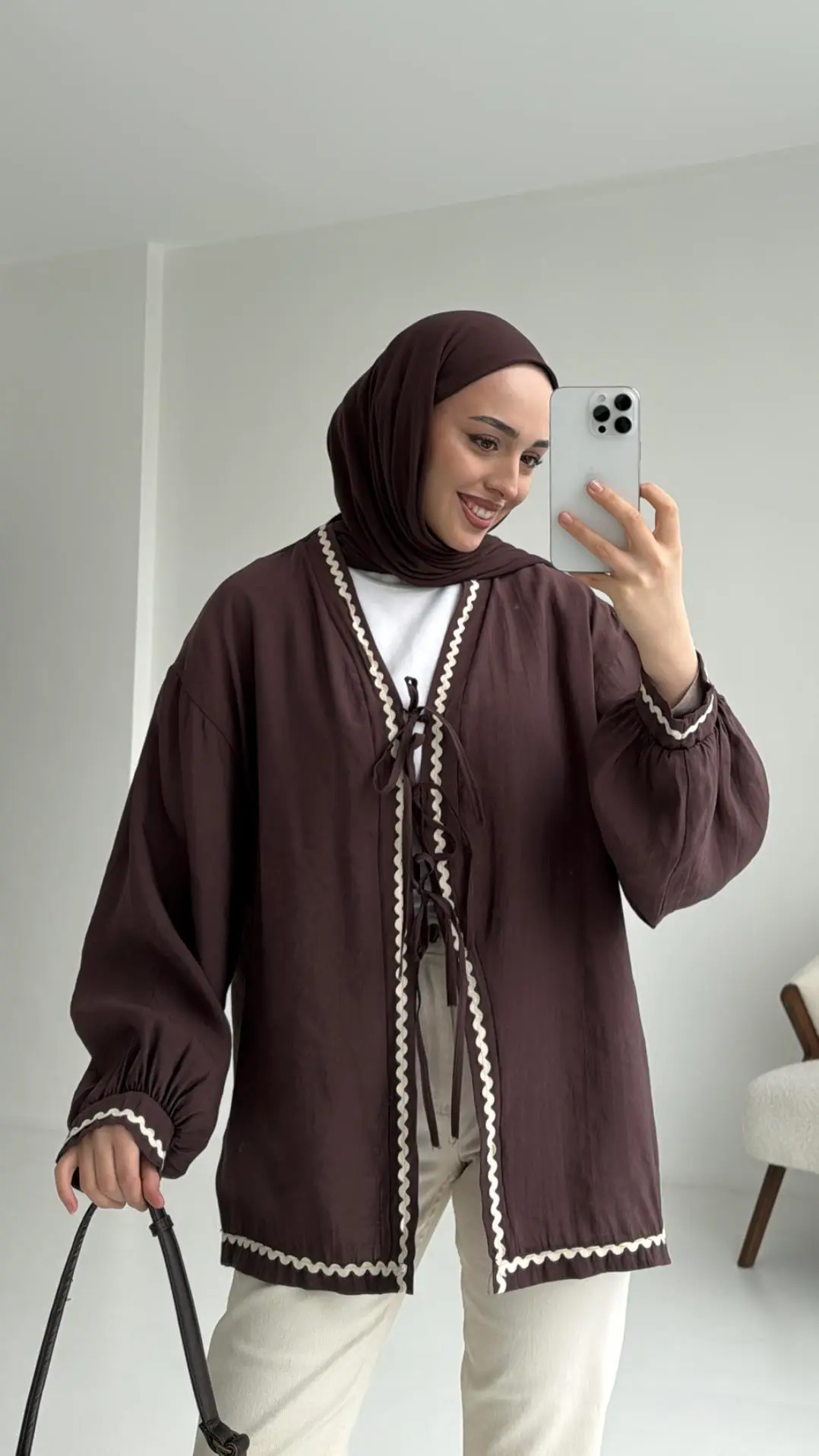 Bağlamalı Dantel Detay Kimono Kahve