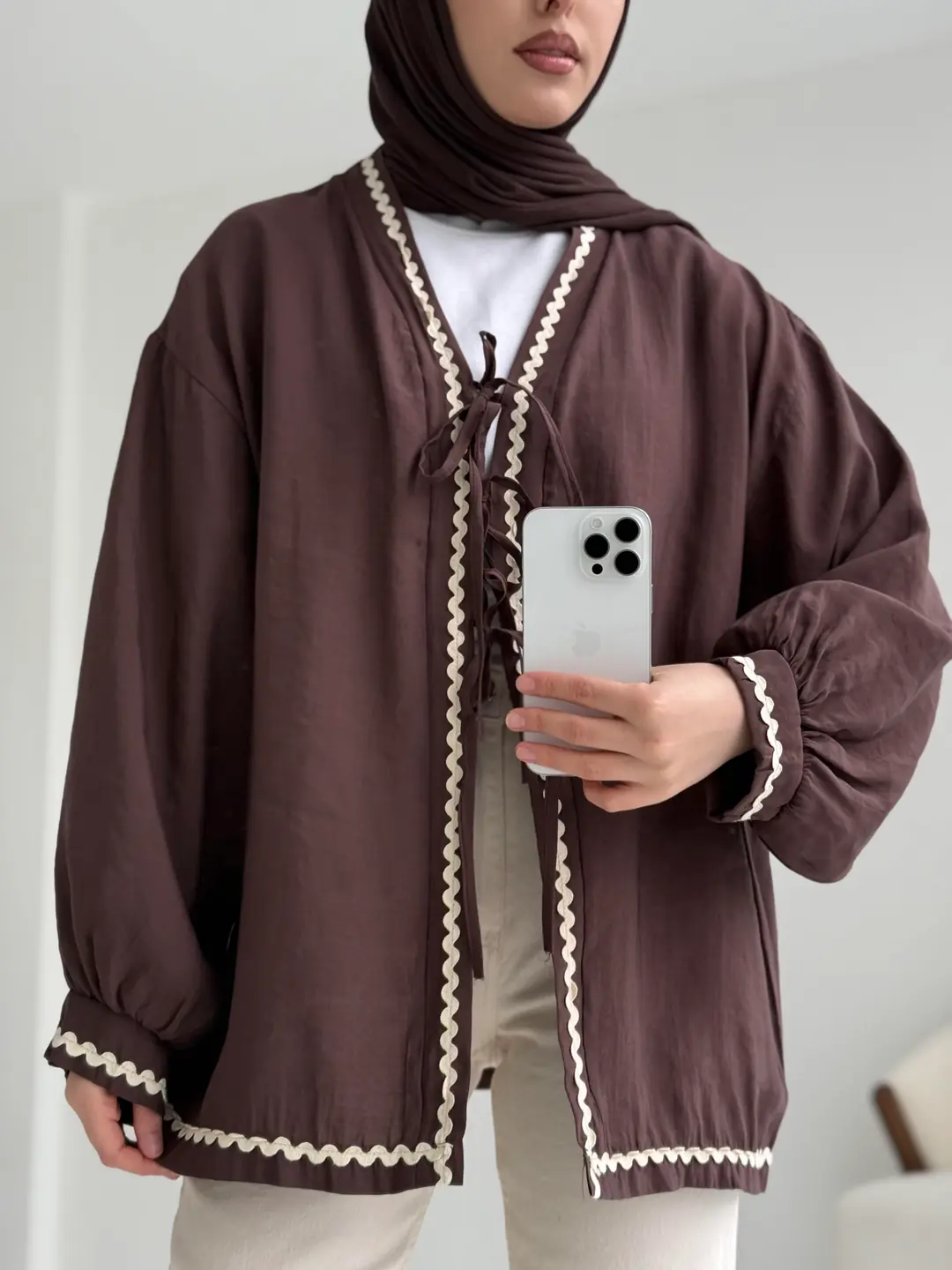 Bağlamalı Dantel Detay Kimono Kahve