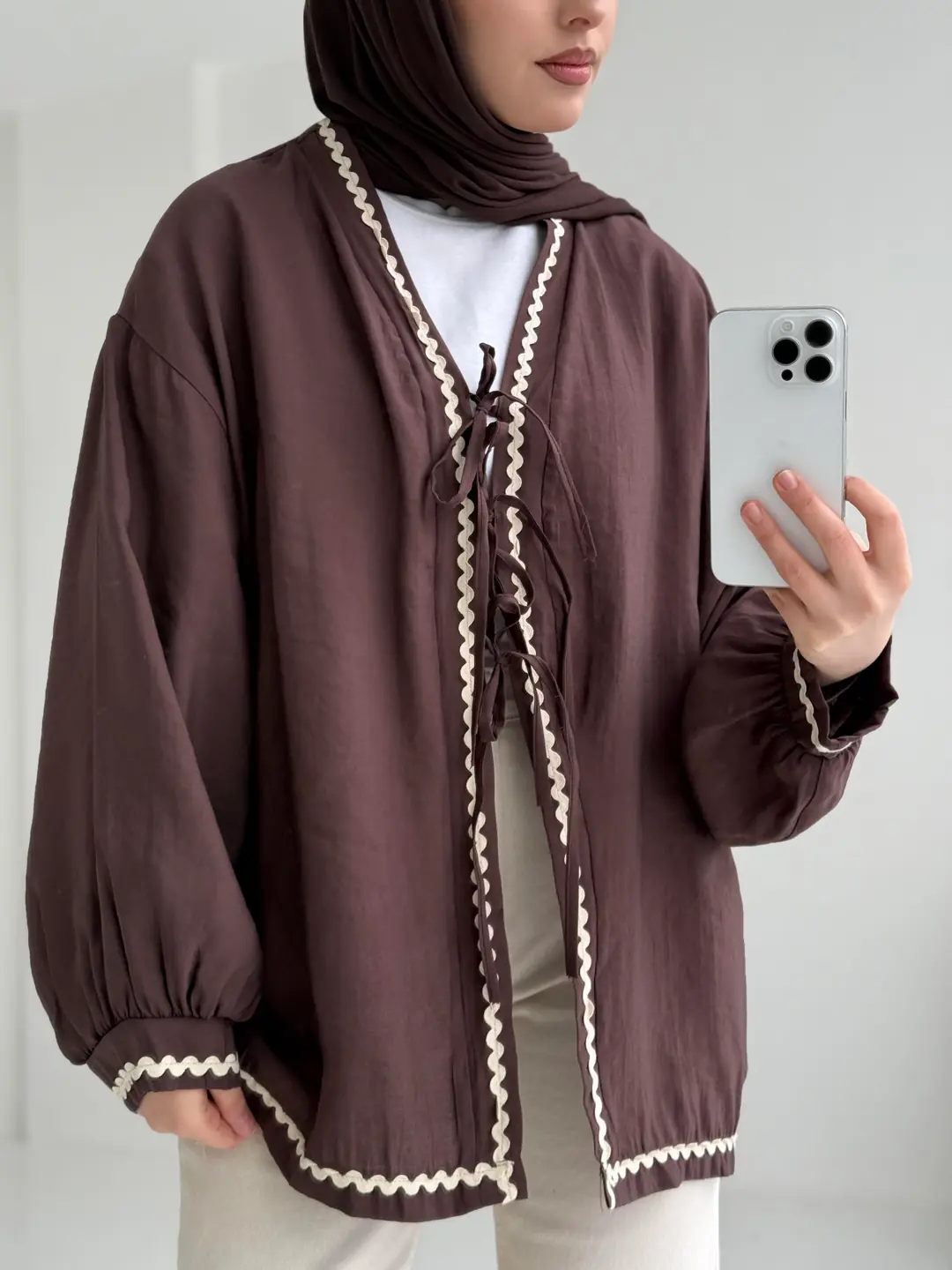 Bağlamalı Dantel Detay Kimono Kahve