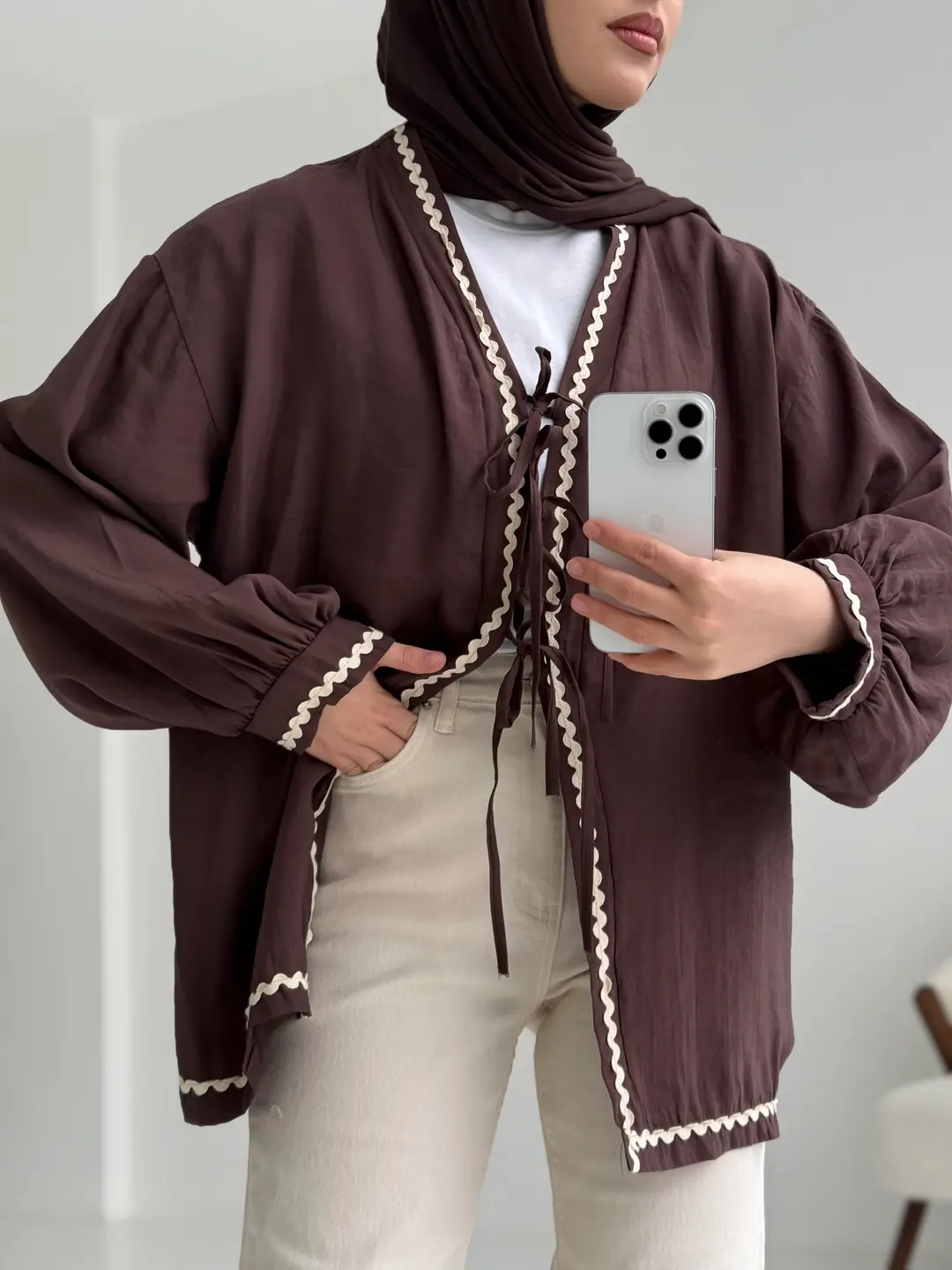 Bağlamalı Dantel Detay Kimono Kahve