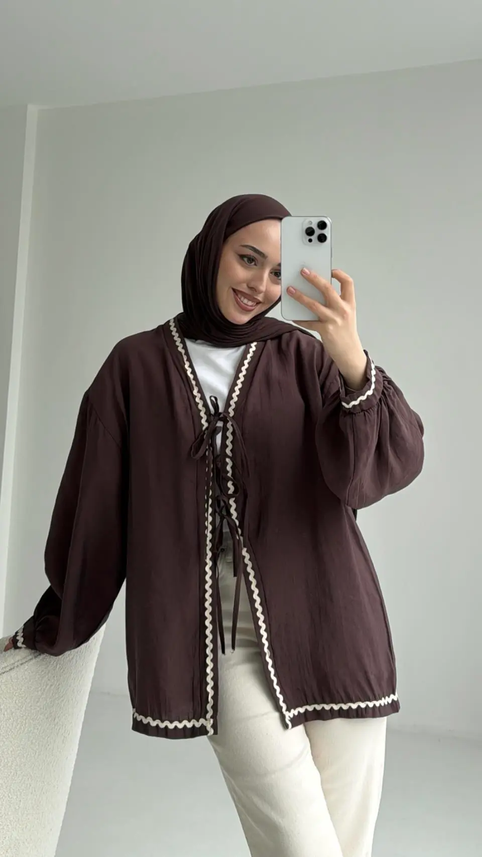 Bağlamalı Dantel Detay Kimono Kahve