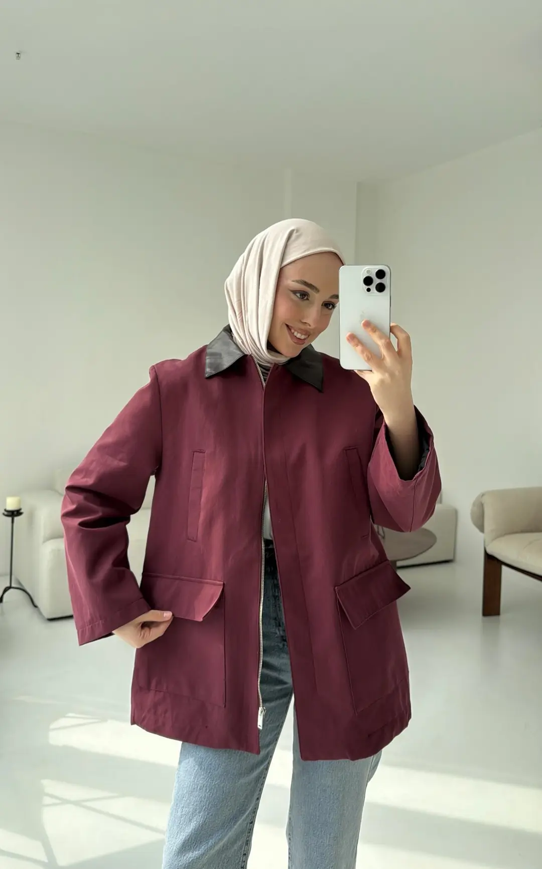 Yakası Deri İçi Kapitone Bordo