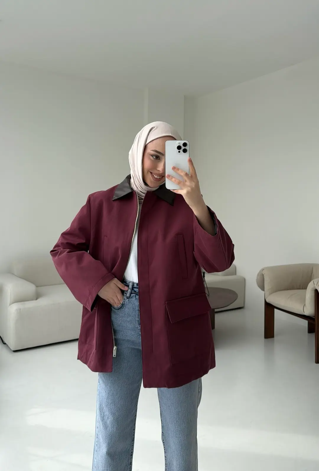 Yakası Deri İçi Kapitone Bordo