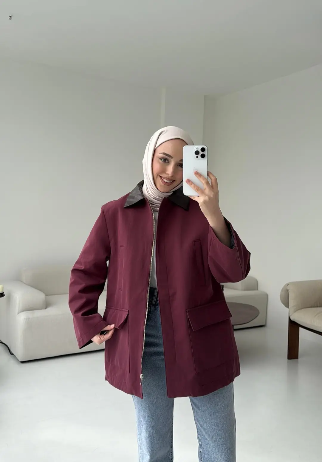 Yakası Deri İçi Kapitone Bordo