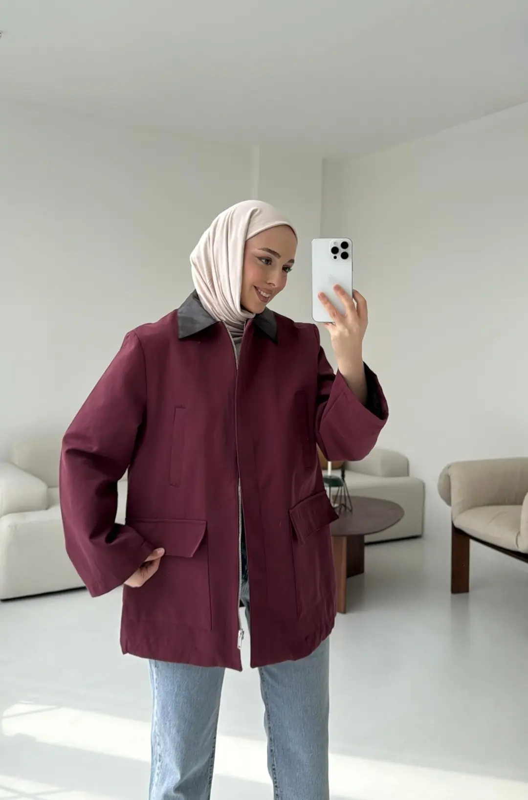 Yakası Deri İçi Kapitone Bordo