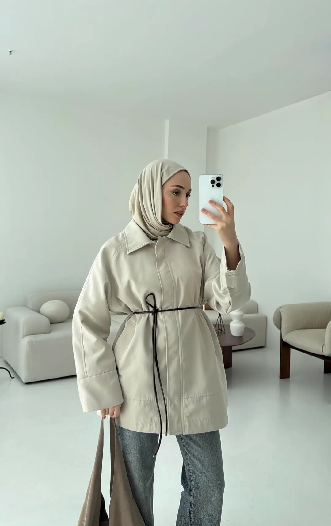 Deri Kemerli Premium Astarlı Fermuarlı Trençkot Bej
