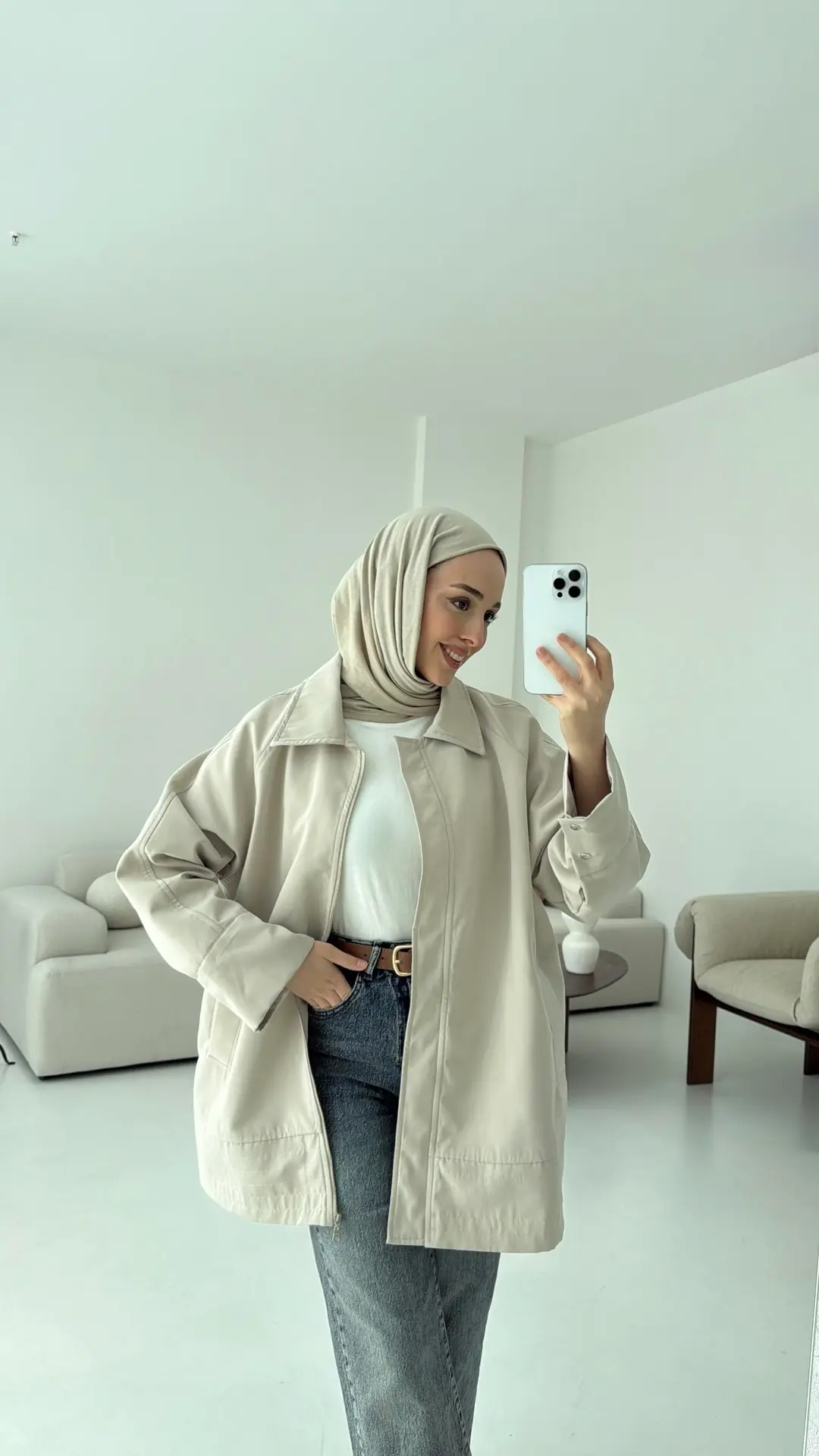 Deri Kemerli Premium Astarlı Fermuarlı Trençkot Bej