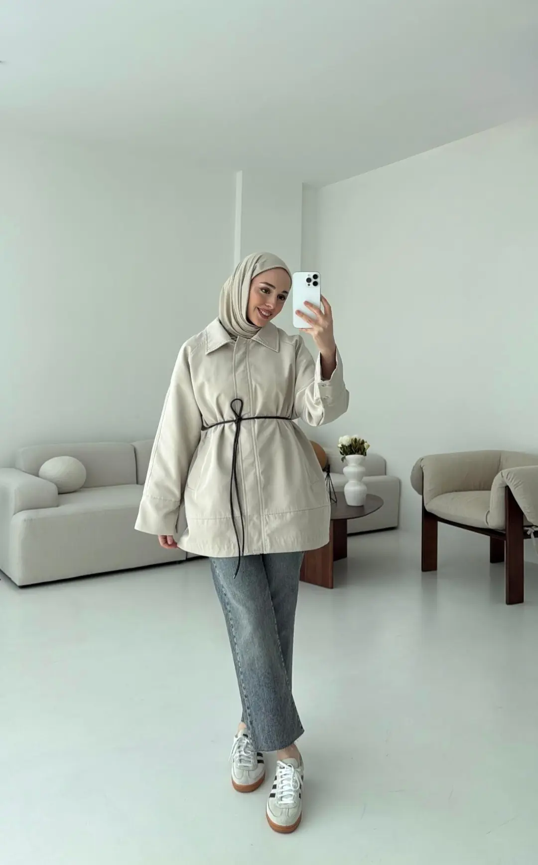 Deri Kemerli Premium Astarlı Fermuarlı Trençkot Bej