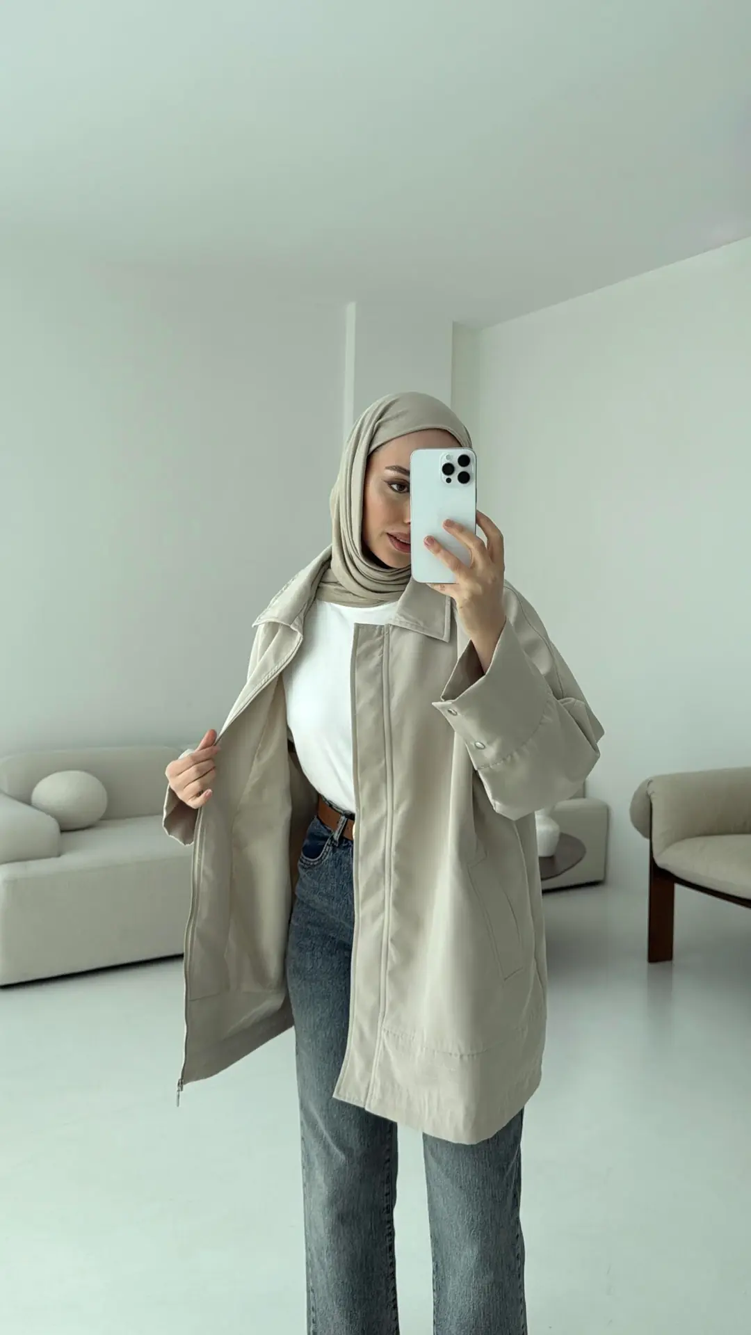 Deri Kemerli Premium Astarlı Fermuarlı Trençkot Bej