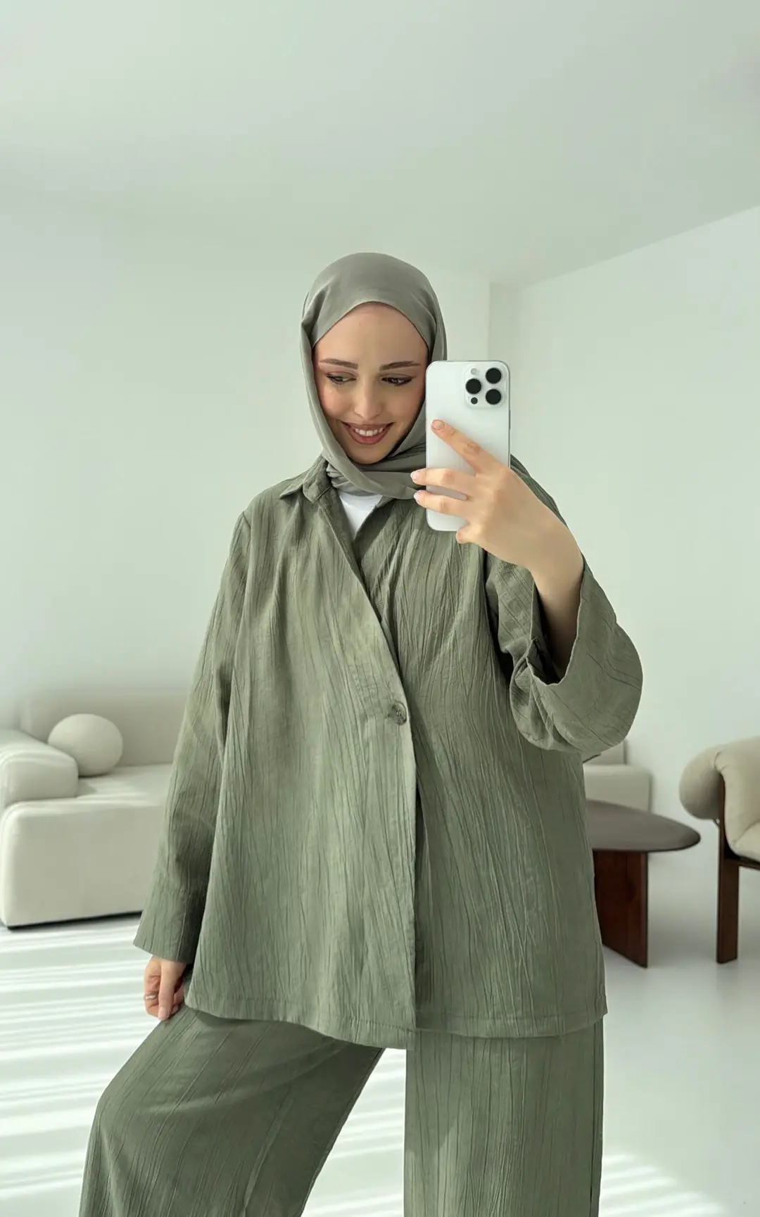 Düğme Detay Yazlık Takım Haki