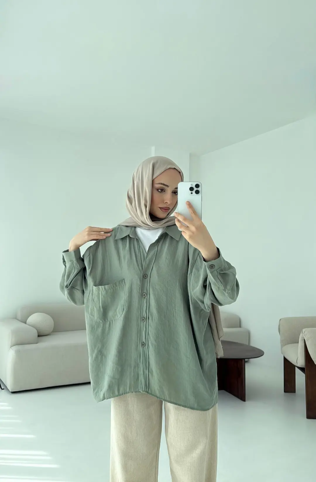 Düşük Omuz Oversize Gömlek Çağla
