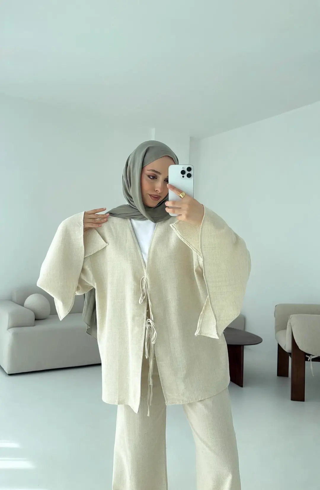 Kol Detaylı Kimono Keten Takım Natural