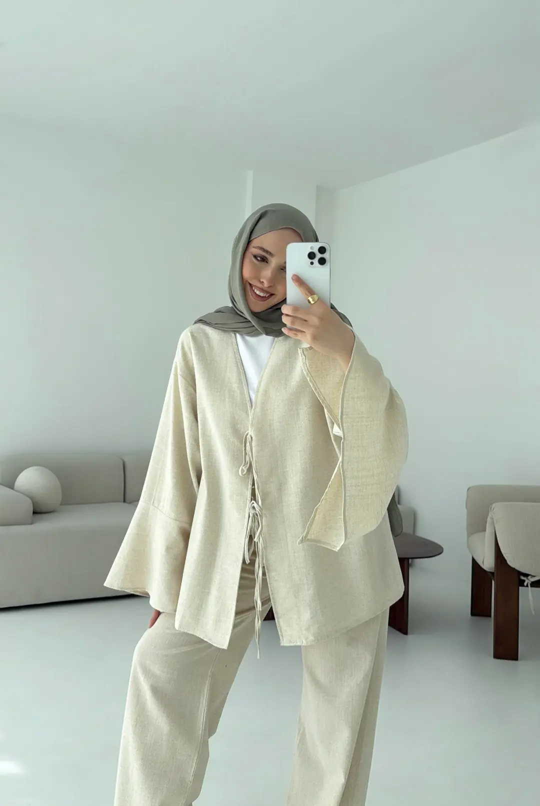 Kol Detaylı Kimono Keten Takım Natural