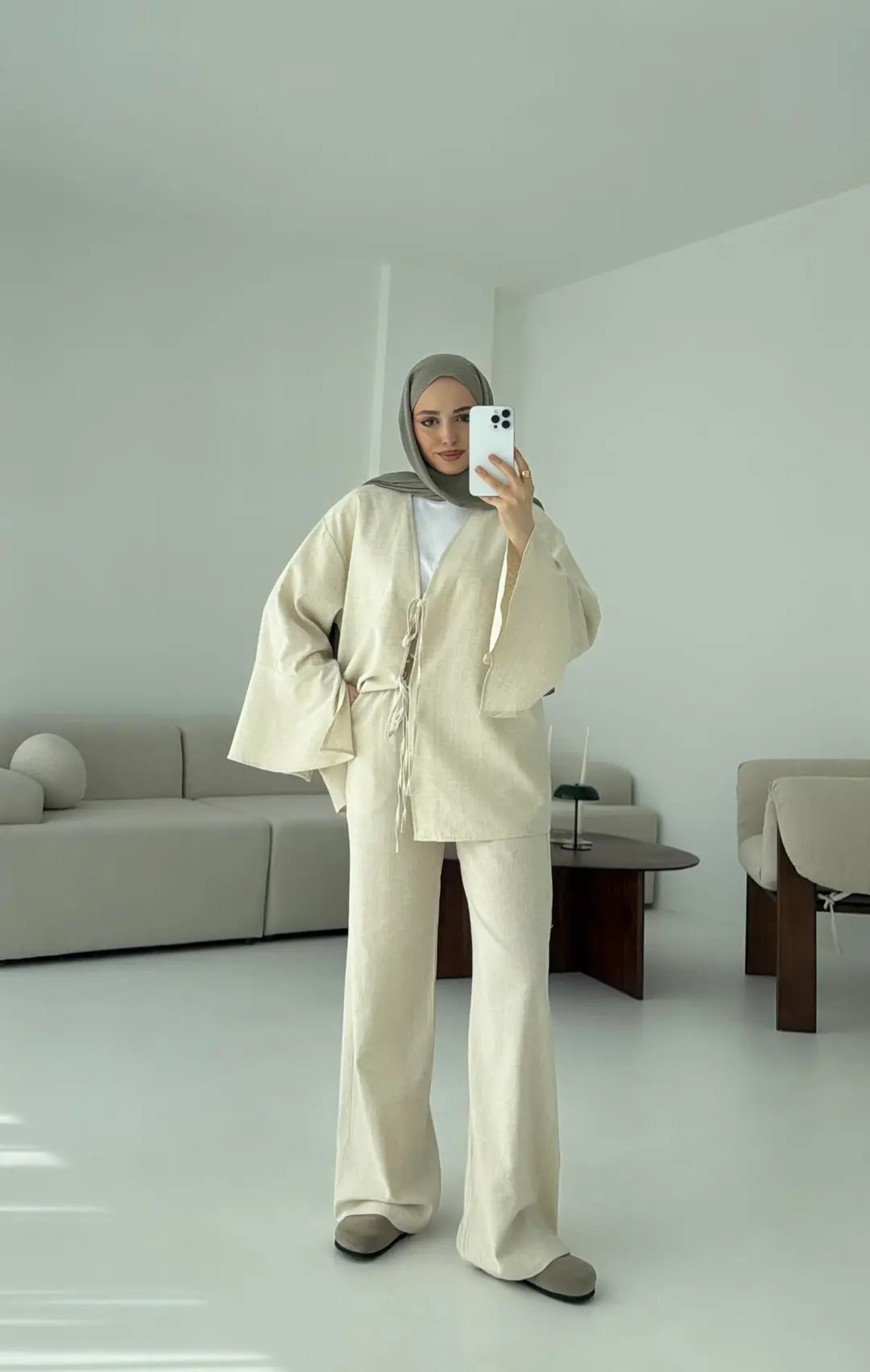 Kol Detaylı Kimono Keten Takım Natural