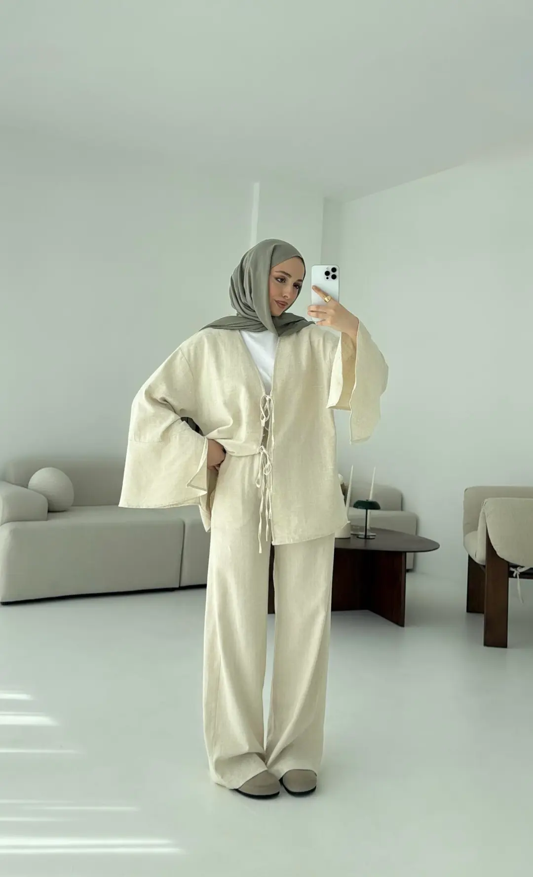 Kol Detaylı Kimono Keten Takım Natural
