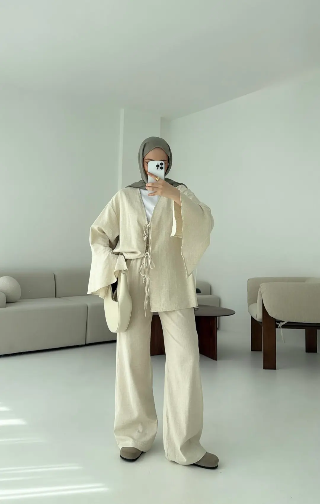 Kol Detaylı Kimono Keten Takım Natural